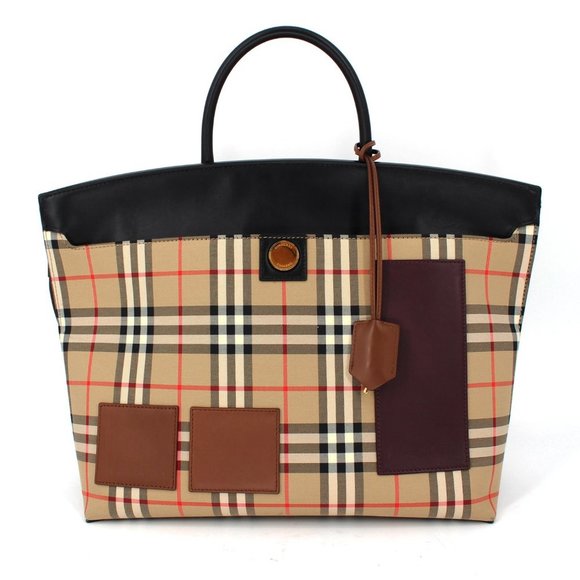 Burberry Society Check Leather Canvas Tote Large Hand Bag Nova Check Patchwork